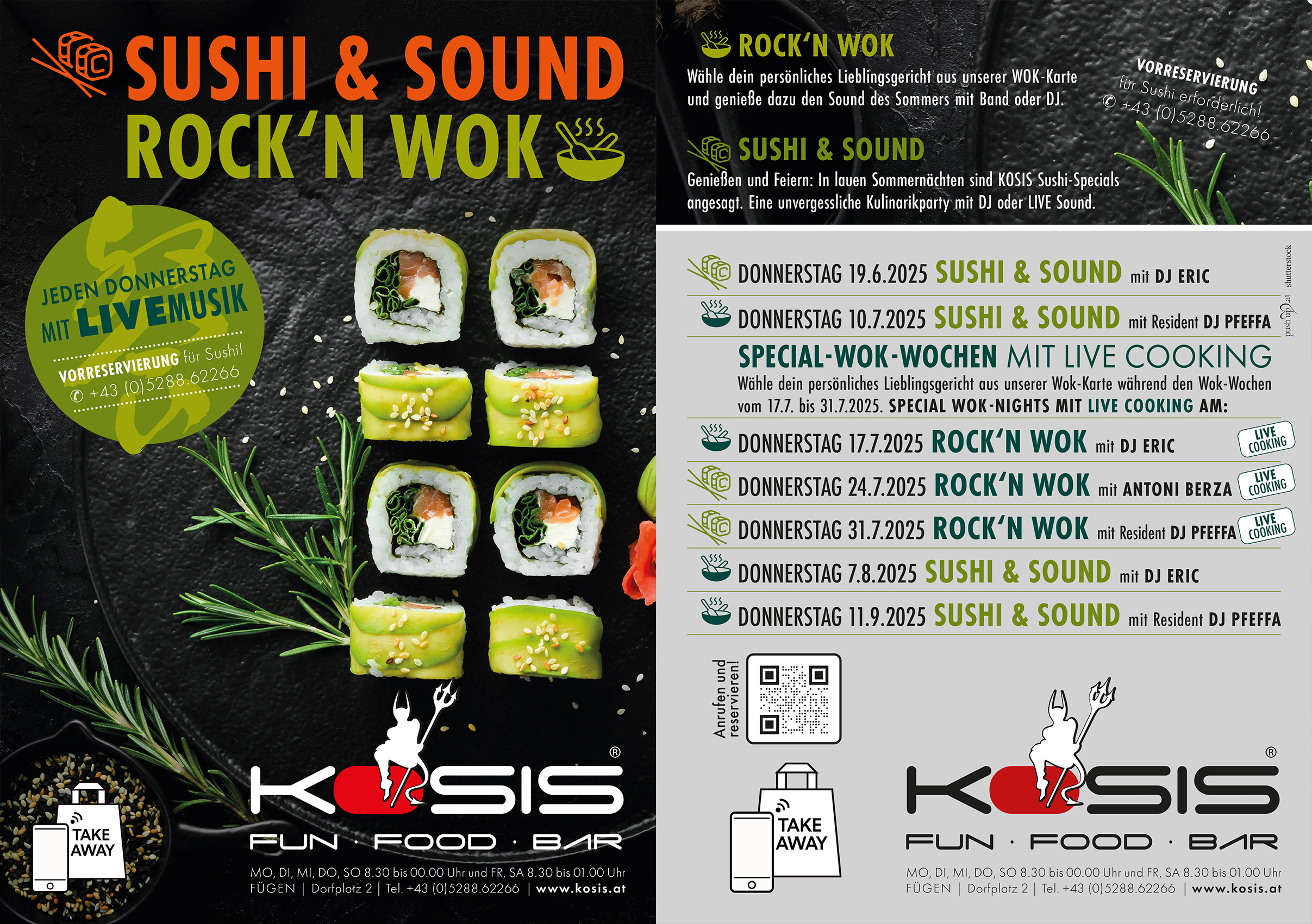 Sushirollen auf schwarzem Teller, Eventplakat mit Livemusik und Barangeboten im Kosis